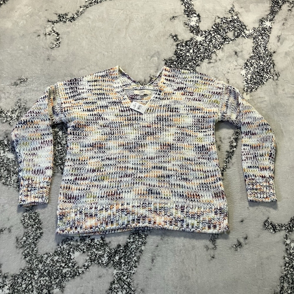 LOFT Sweater Womens Sz M Multicolor Spacedye Double V Chunky‎ Knit Oversized